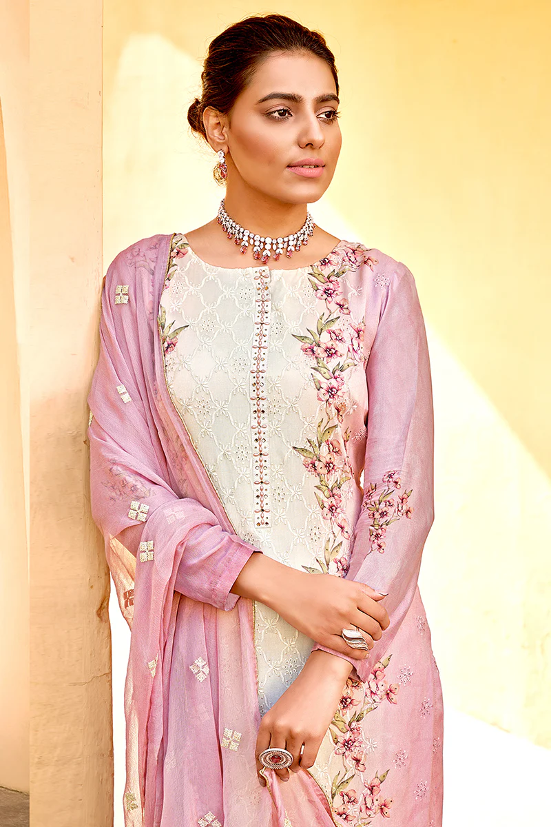 Pant Style Pink & Cream Embroidered Pure Viscose Suit - Image 2