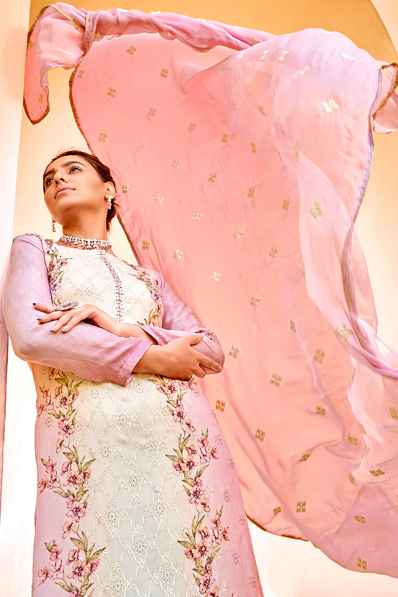 Pant Style Pink & Cream Embroidered Pure Viscose Suit - Image 3