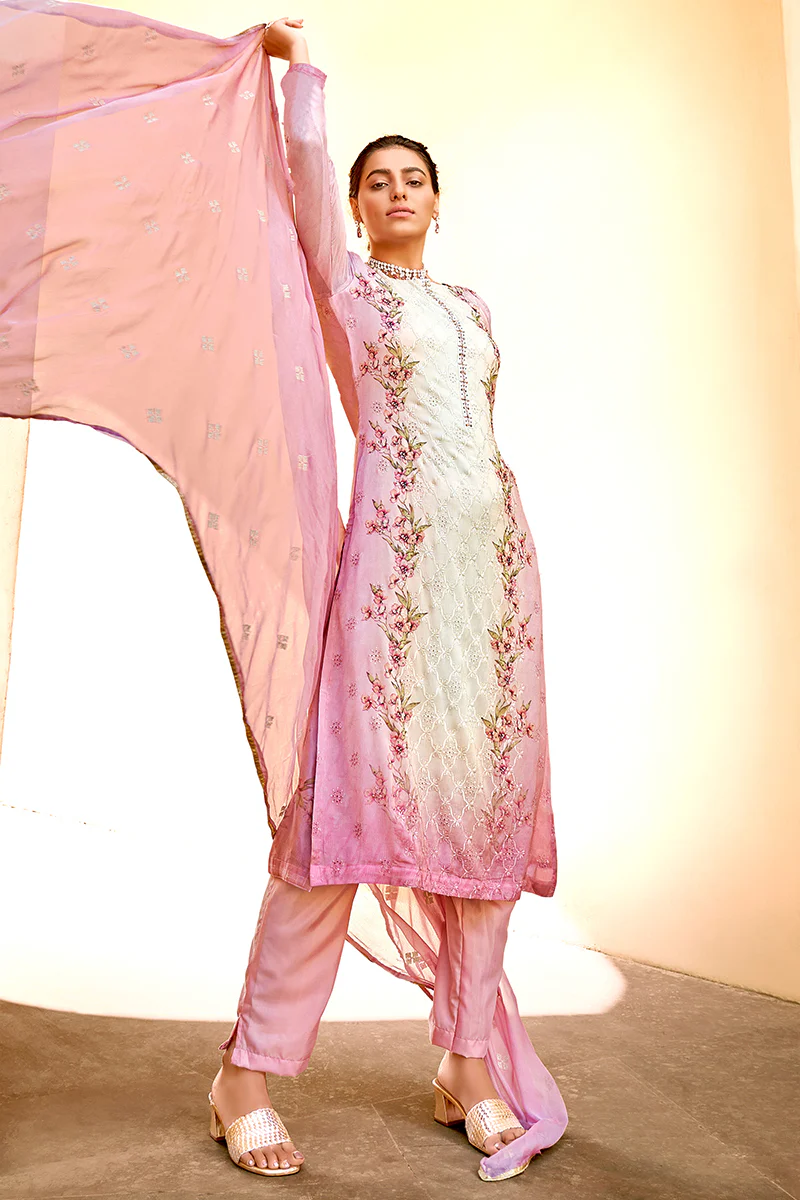 Pant Style Pink & Cream Embroidered Pure Viscose Suit - Image 4