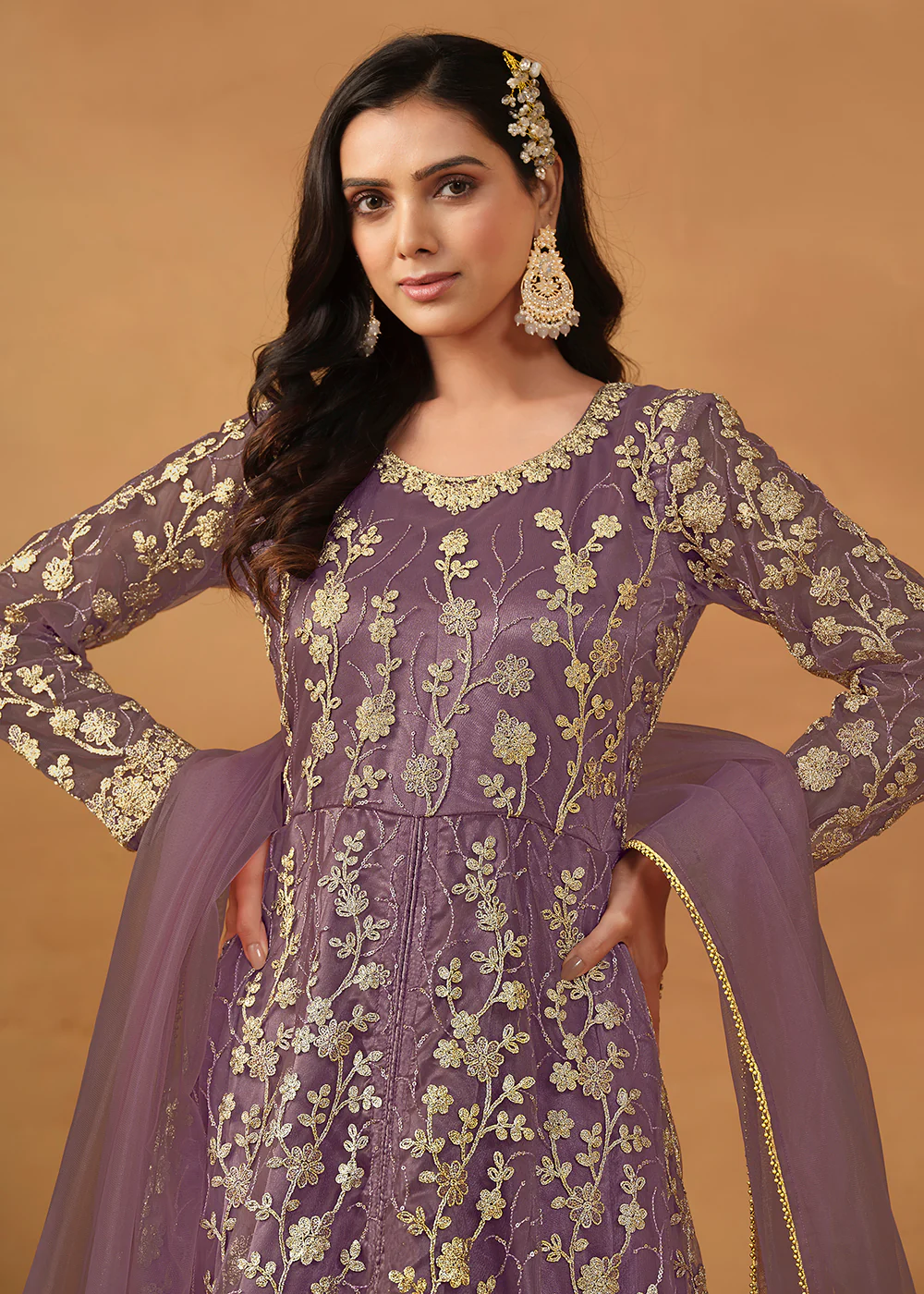 Pant Style Purple Embroidered Net Wedding Anarkali Suit - Image 2