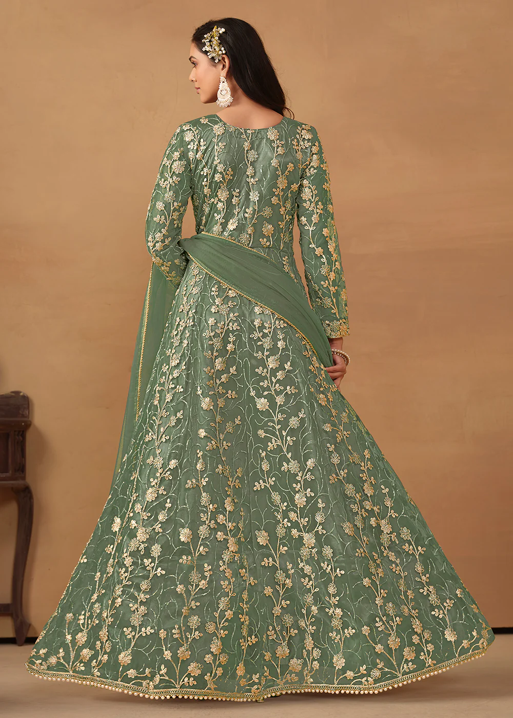 Pant Style Sage Green Embroidered Net Wedding Anarkali Suit - Image 3
