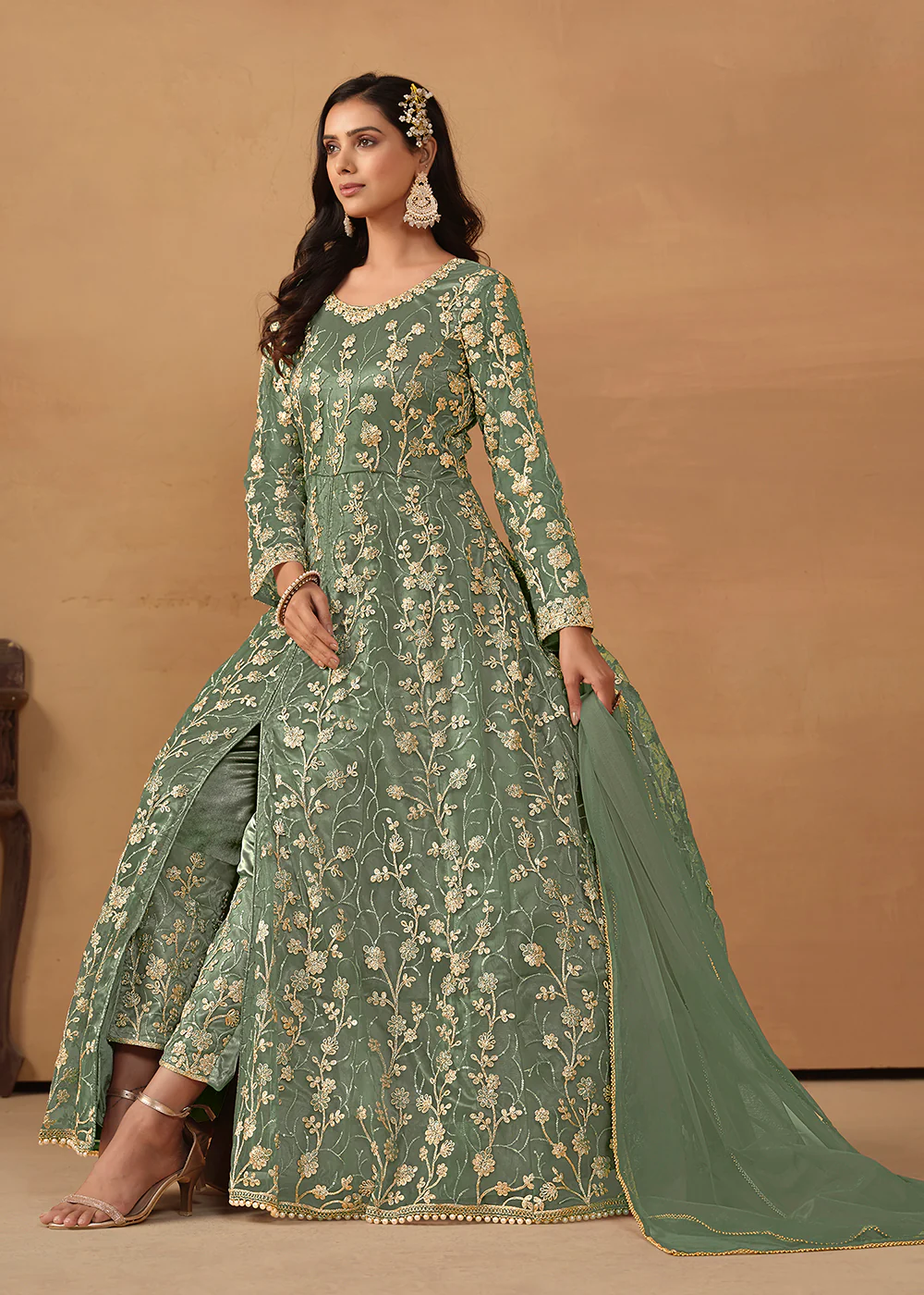Pant Style Sage Green Embroidered Net Wedding Anarkali Suit - Image 4