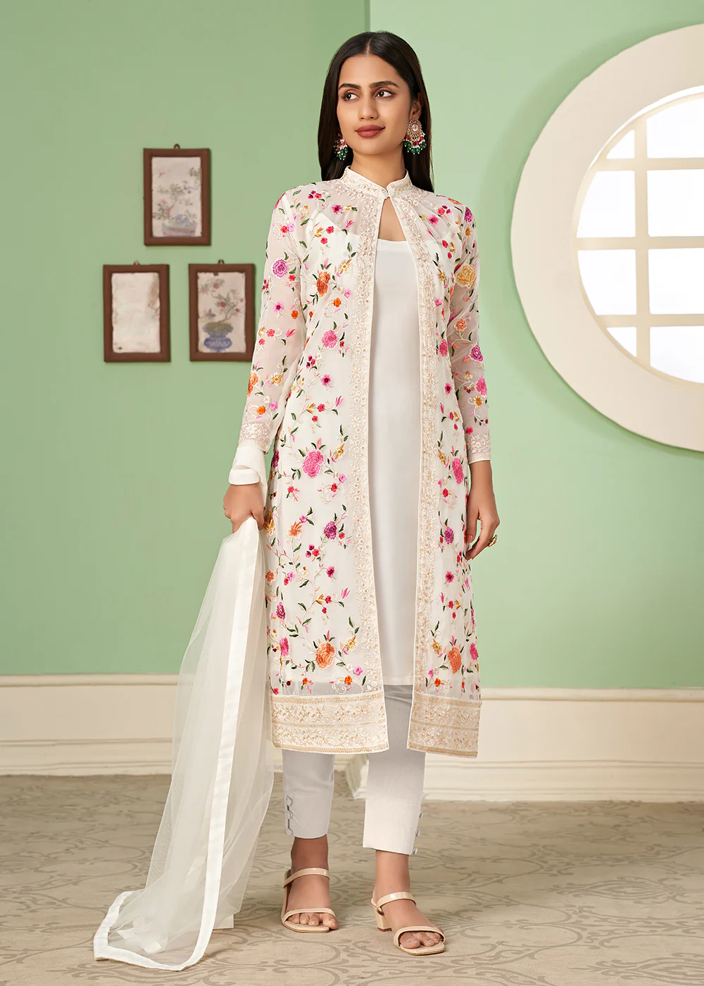 Pant Style Seductive Off-White Party Wear Jacket Style Salwar Suit