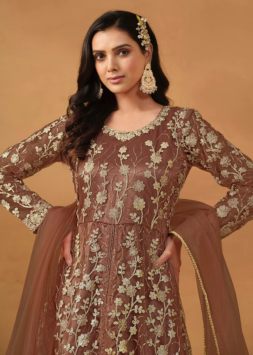 Pant Style Snuff Brown Embroidered Net Wedding Anarkali Suit - Image 2