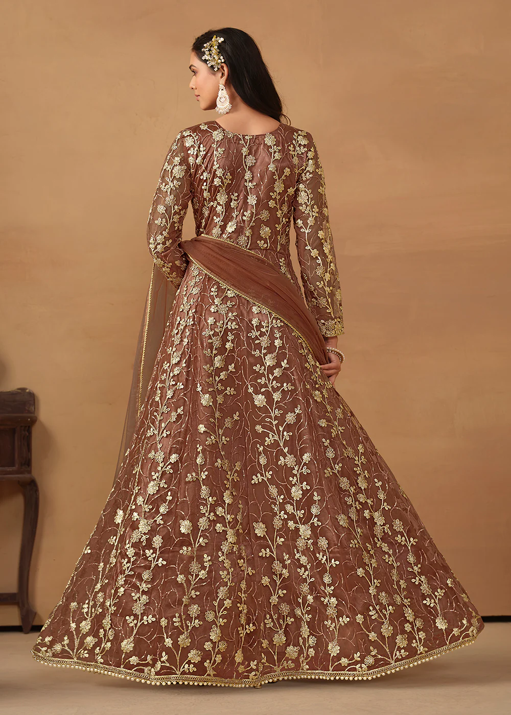 Pant Style Snuff Brown Embroidered Net Wedding Anarkali Suit - Image 3