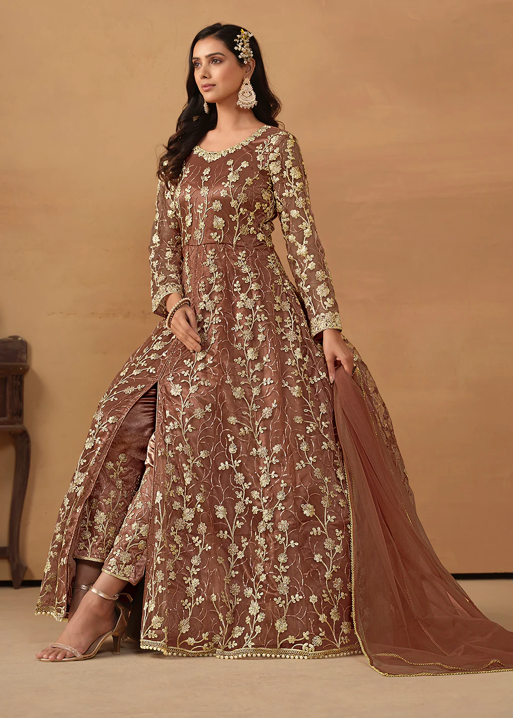 Pant Style Snuff Brown Embroidered Net Wedding Anarkali Suit - Image 4