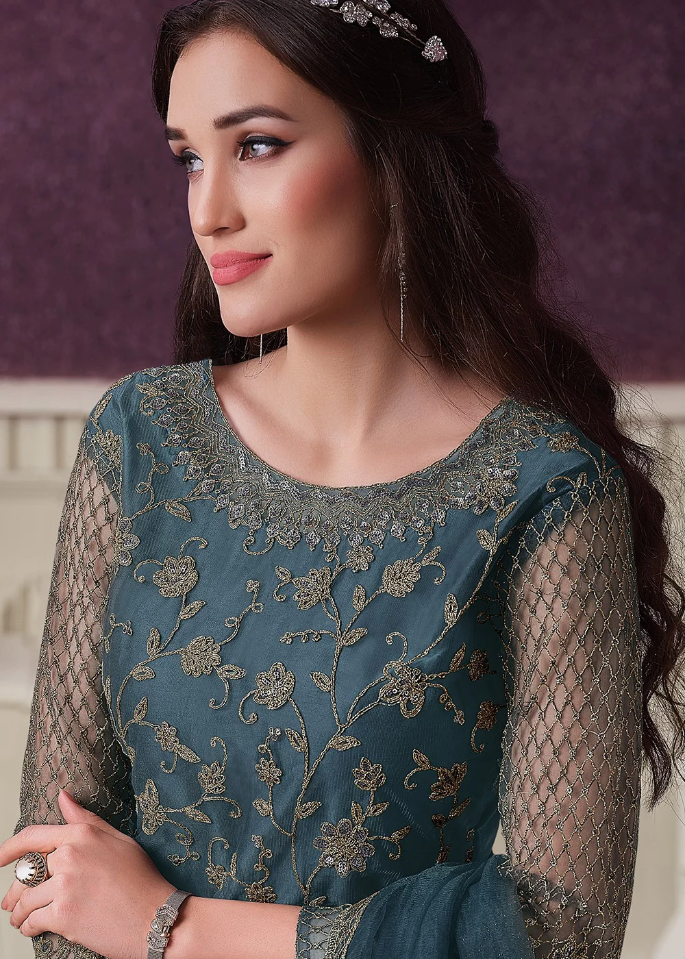 Pant Style Teal Blue Sequins Embroidered Designer Suit - Image 2
