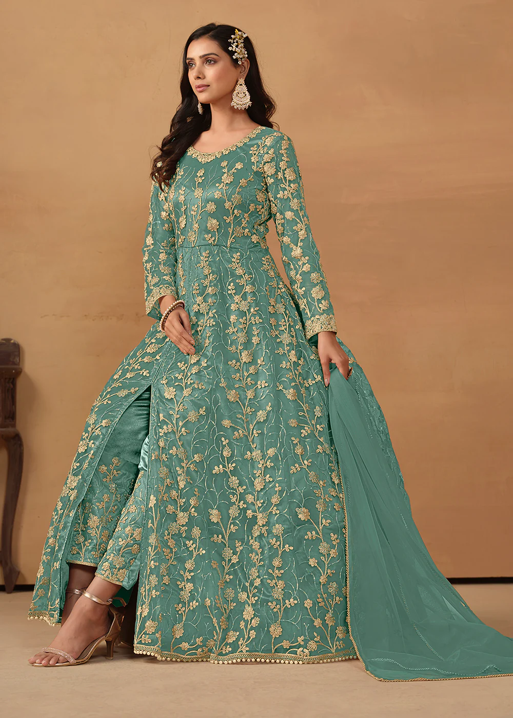 Pant Style Turquoise Embroidered Net Wedding Anarkali Suit - Image 4