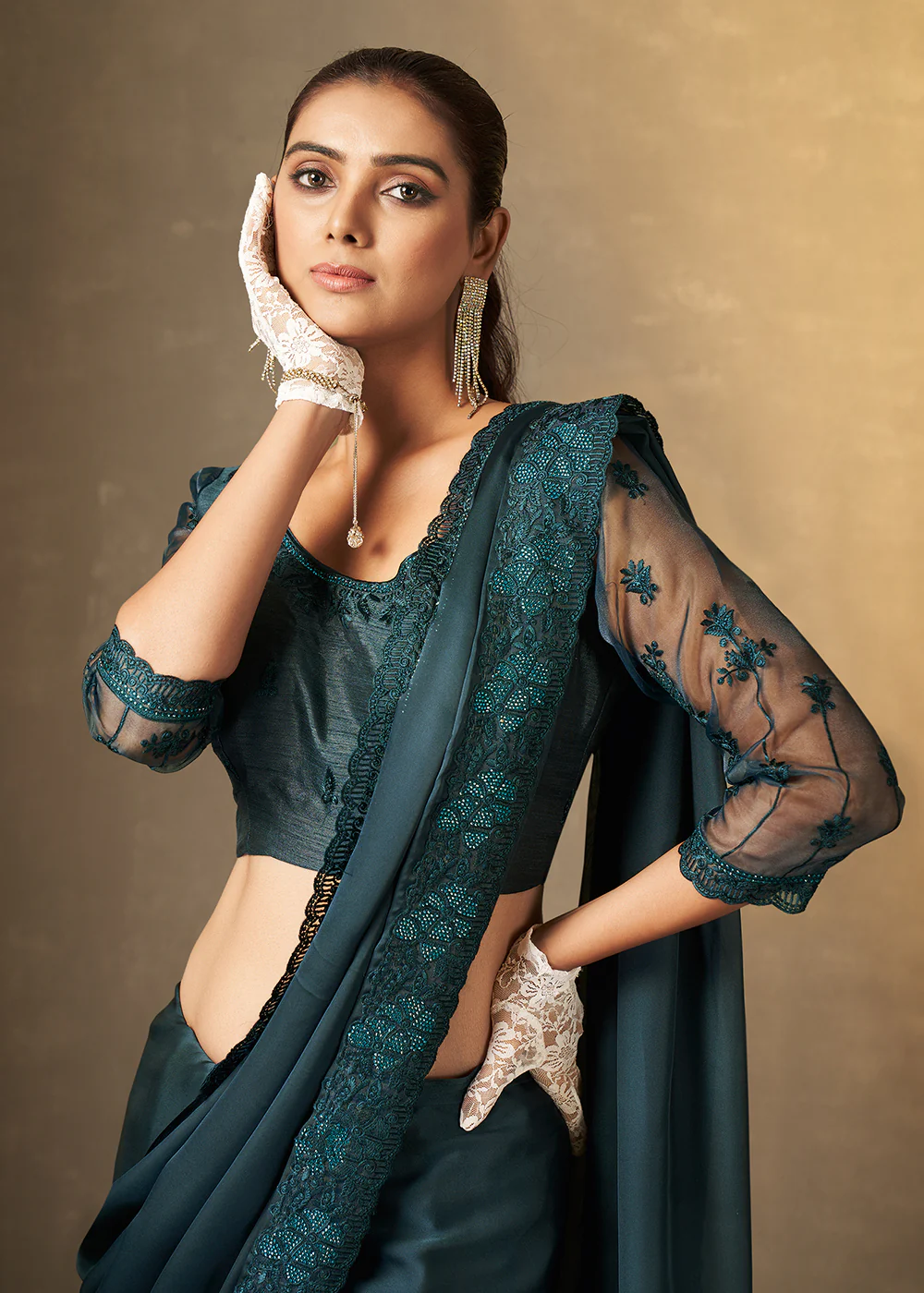 Parisian Blue Satin Silk Swarovski Embroidered Designer Saree - Image 2