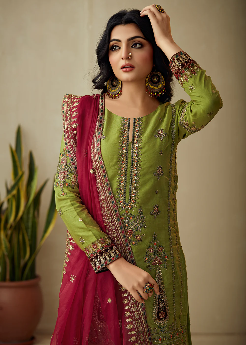 Parrot Green Organza Embroidered Traditional Salwar Kameez - Image 2