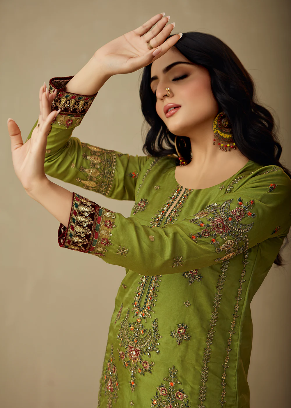 Parrot Green Organza Embroidered Traditional Salwar Kameez - Image 3