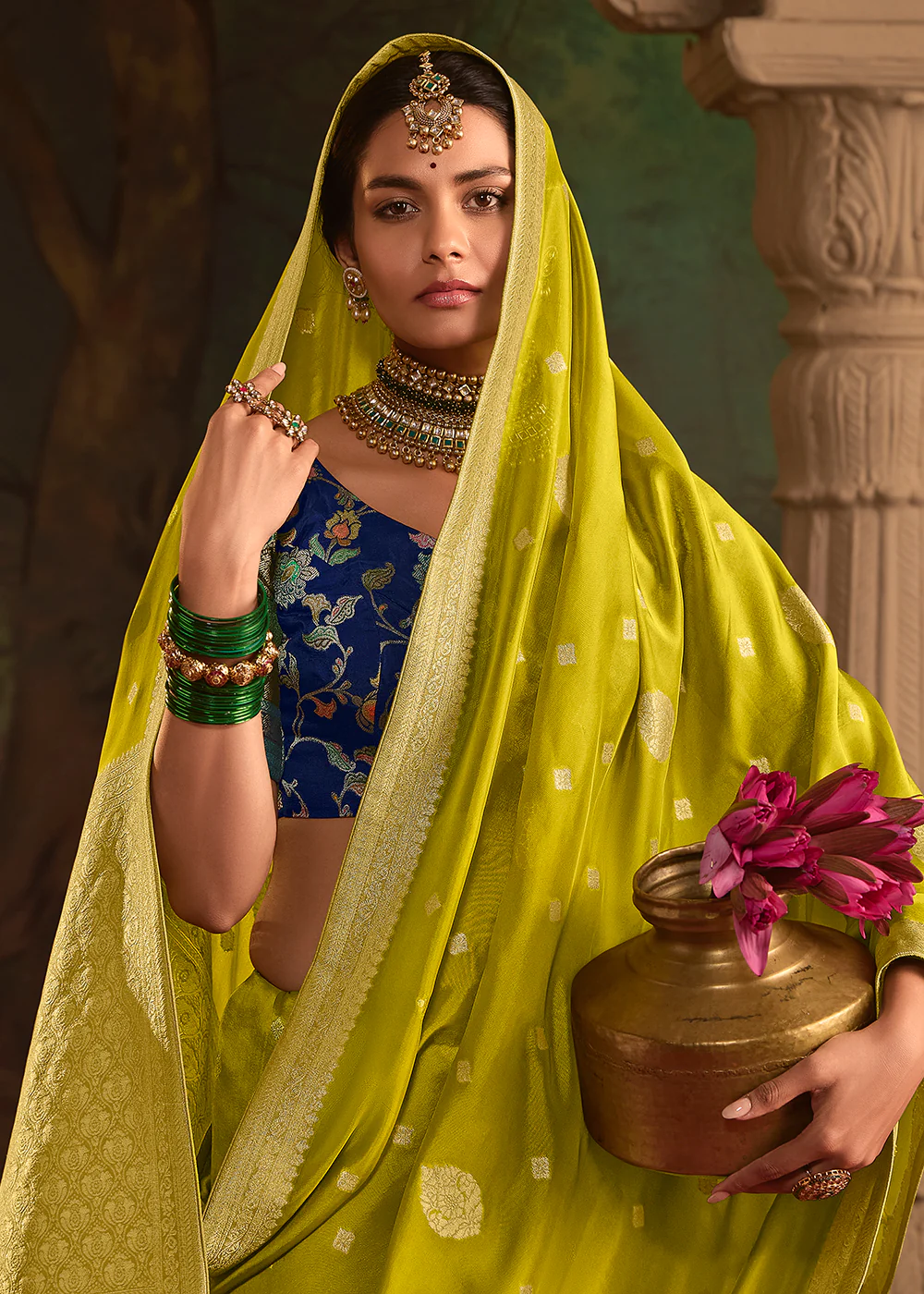 Parrot Green Pure Crepe Dola Silk Wedding Festive Saree - Image 2