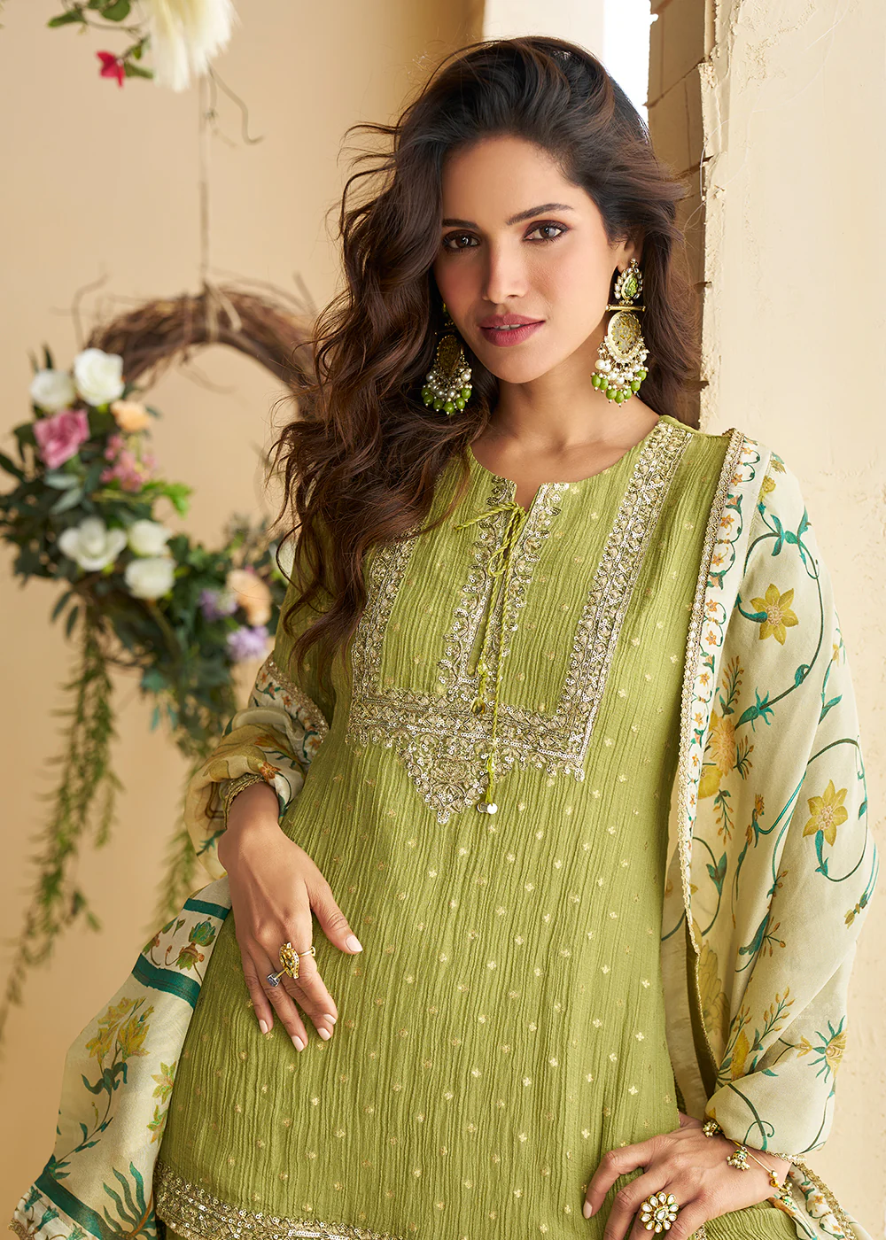 Parrot Green Wedding Festive Palazzo Style Suit - Image 2