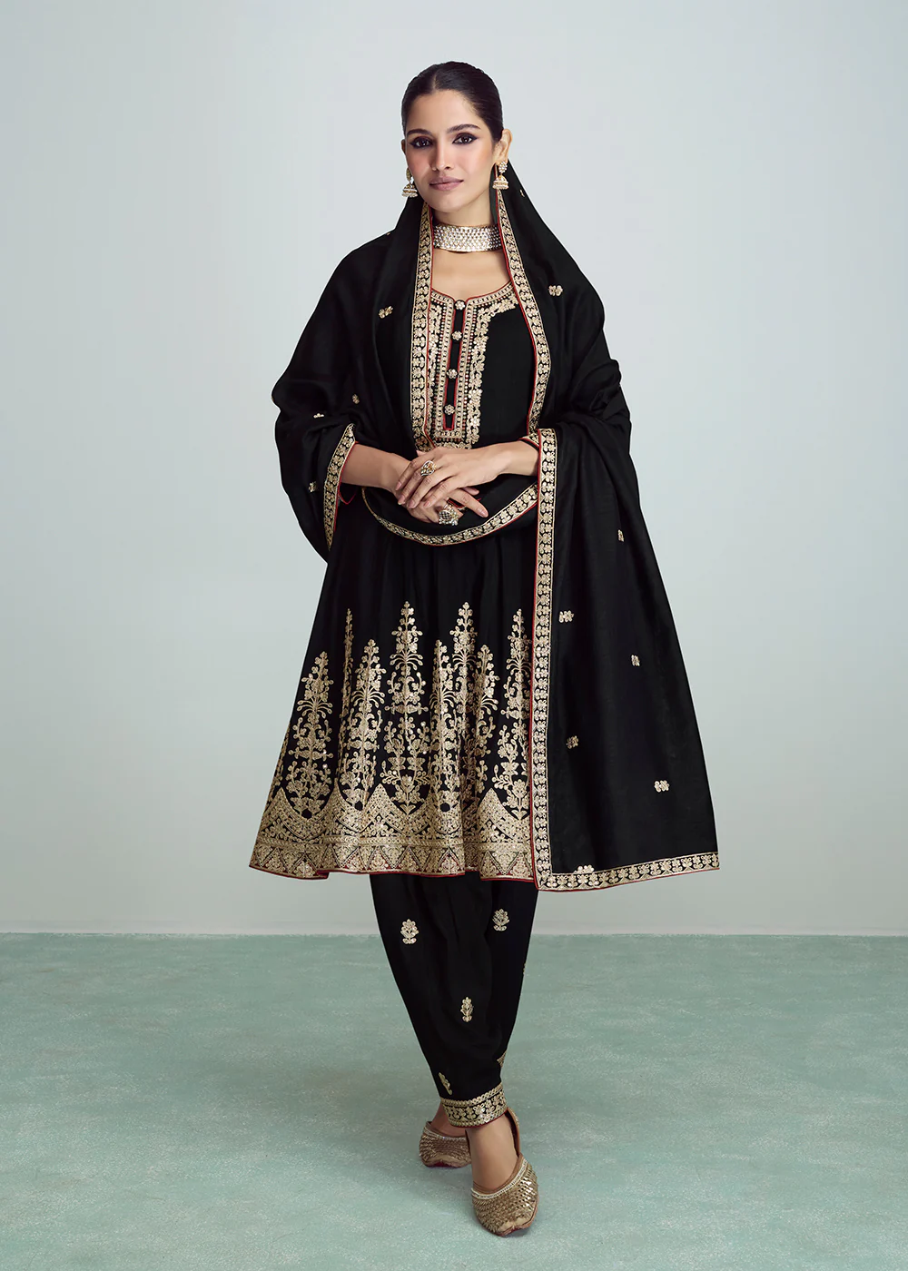 Party Black Silk Embroidered Peplum Punjabi Style Suit
