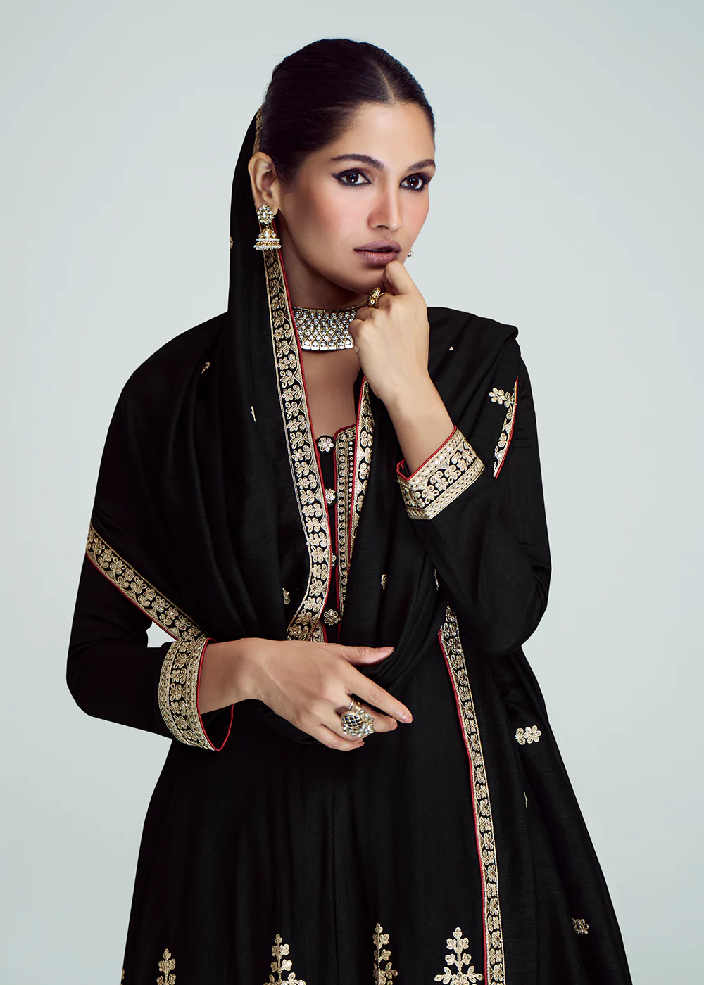 Party Black Silk Embroidered Peplum Punjabi Style Suit - Image 2