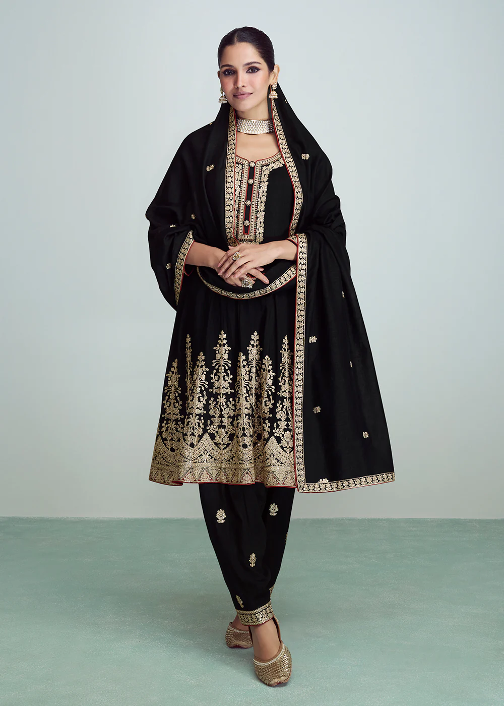 Party Black Silk Embroidered Peplum Punjabi Style Suit - Image 3