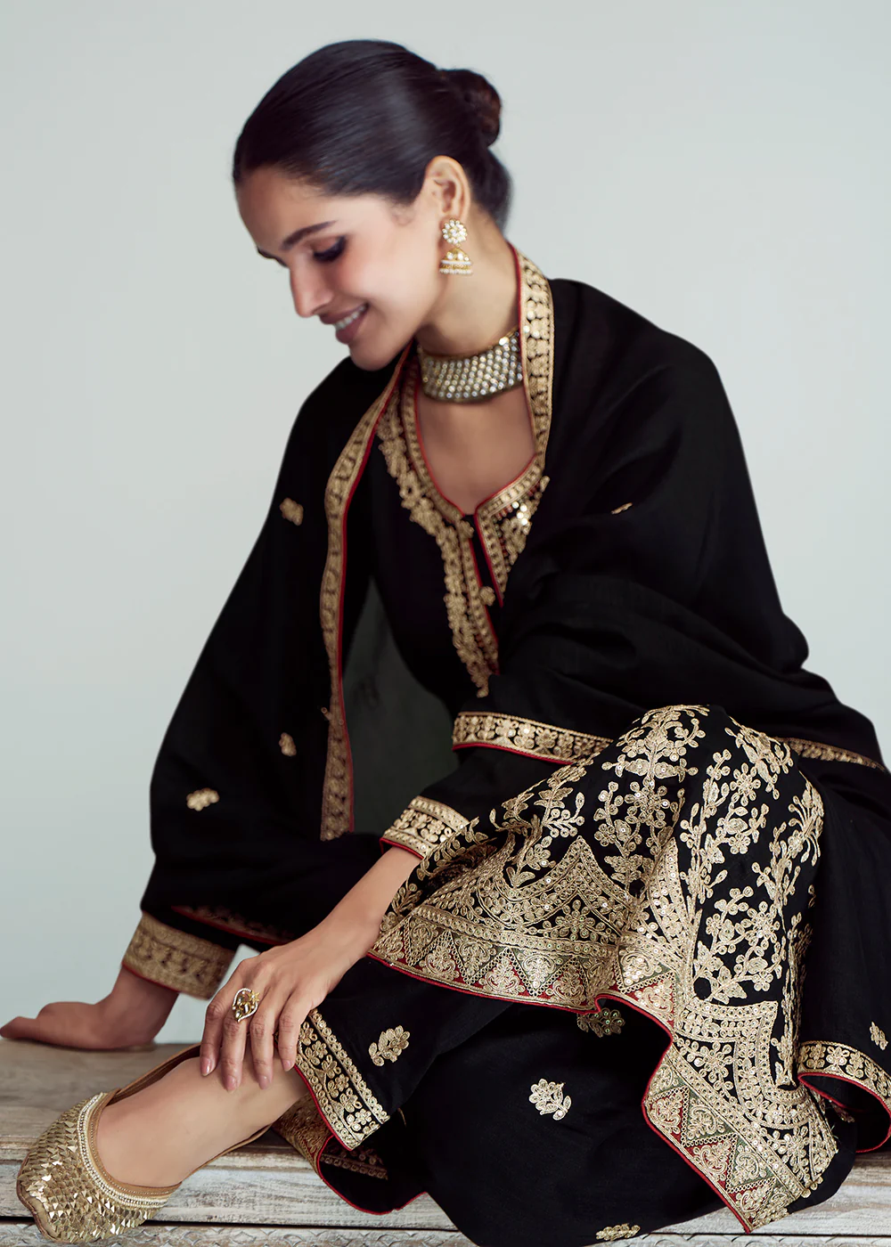 Party Black Silk Embroidered Peplum Punjabi Style Suit - Image 4