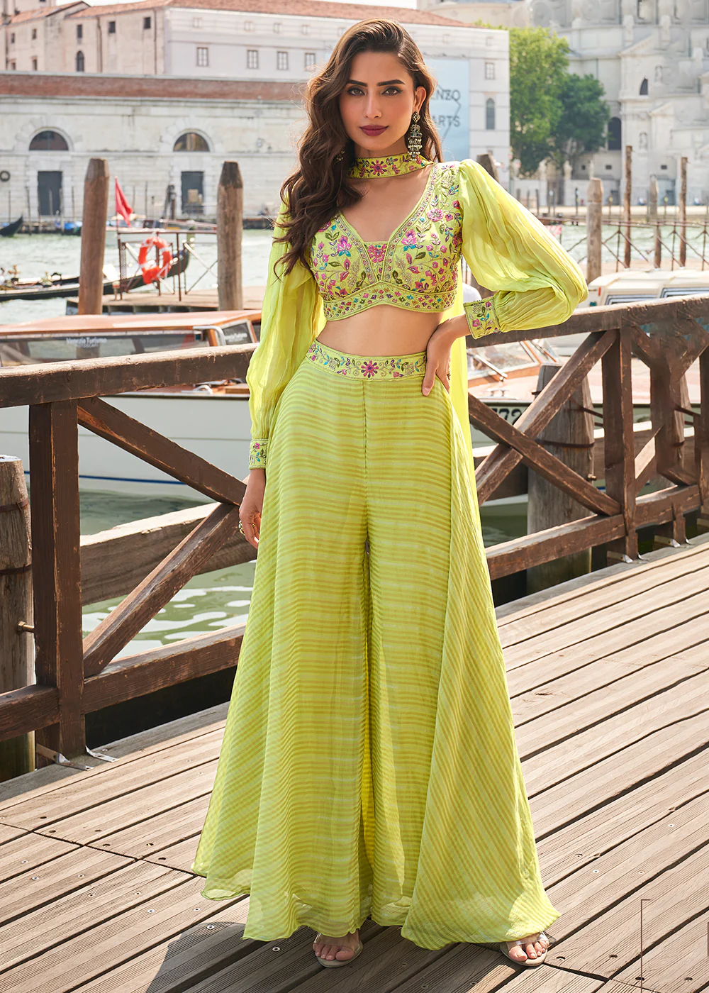 Party Green Crop Top Style Indo Western Sharara Suit