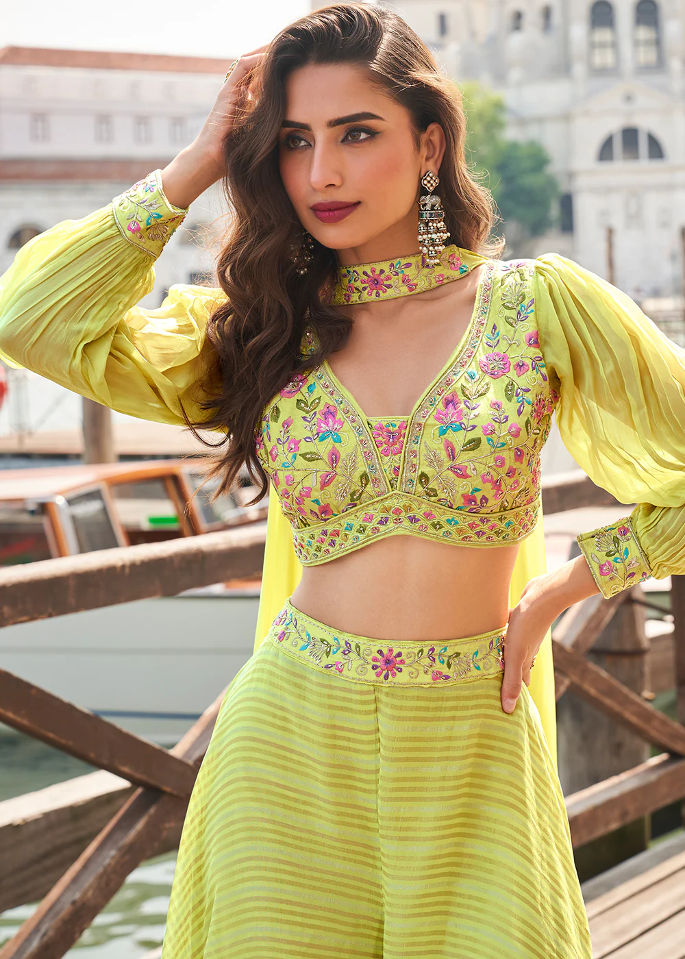 Party Green Crop Top Style Indo Western Sharara Suit - Image 2