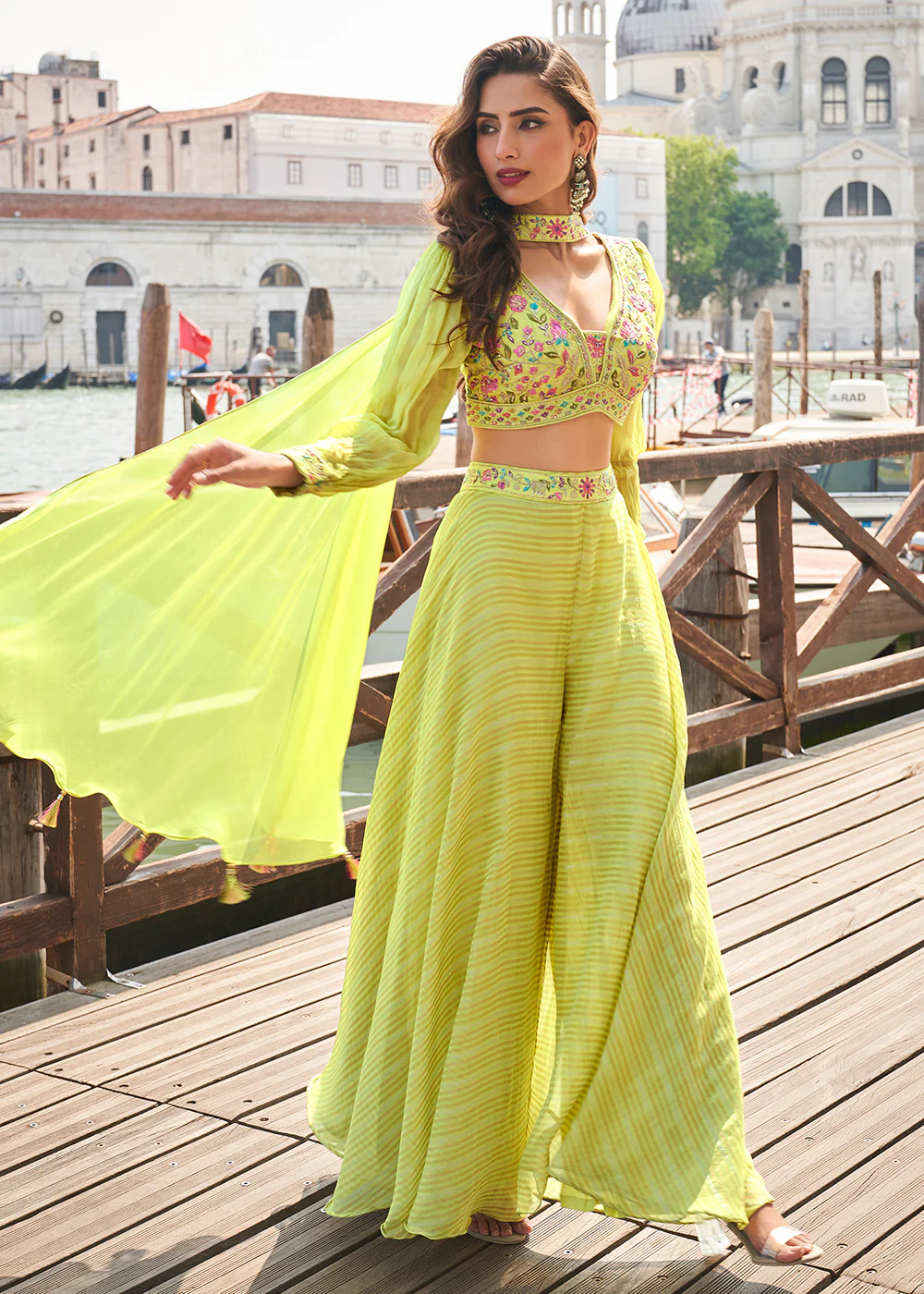 Party Green Crop Top Style Indo Western Sharara Suit - Image 3