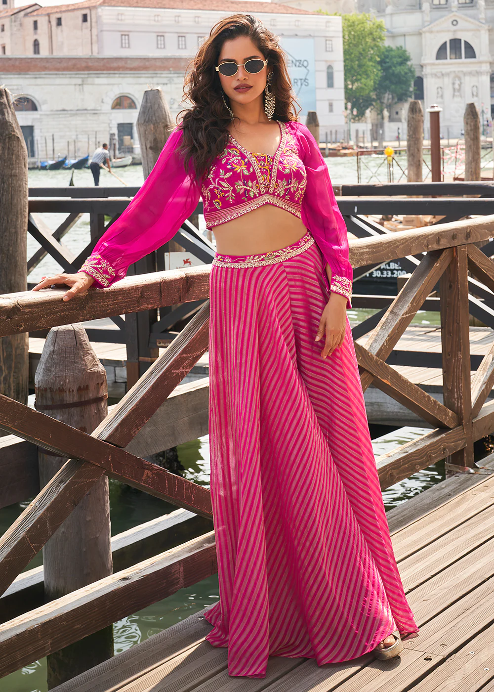 Party Pink Crop Top Style Indo Western Sharara Suit
