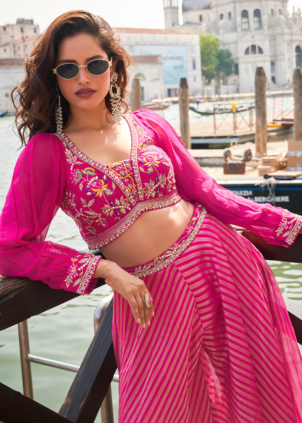 Party Pink Crop Top Style Indo Western Sharara Suit - Image 4