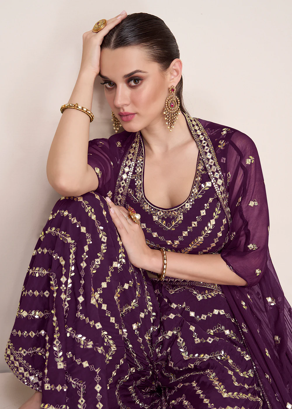 Party Plum Purple Embroidered Crop Top Style Sharara Suit - Image 2