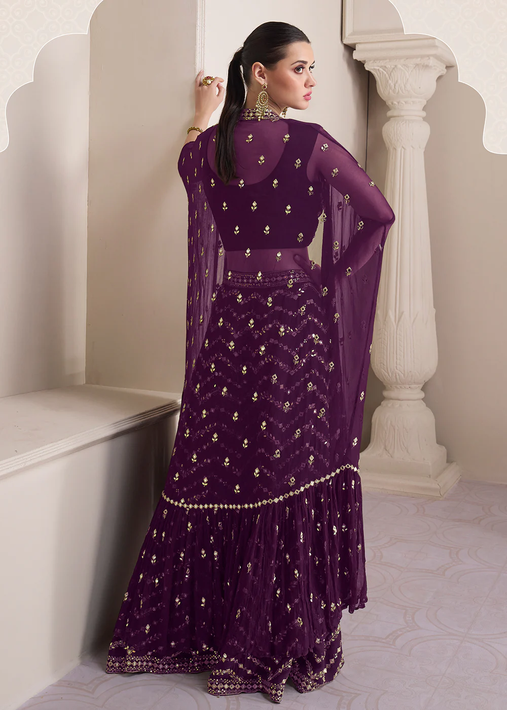 Party Plum Purple Embroidered Crop Top Style Sharara Suit - Image 3