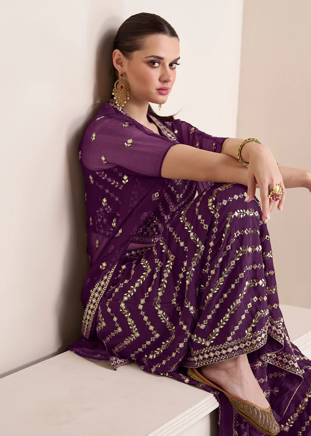 Party Plum Purple Embroidered Crop Top Style Sharara Suit - Image 4