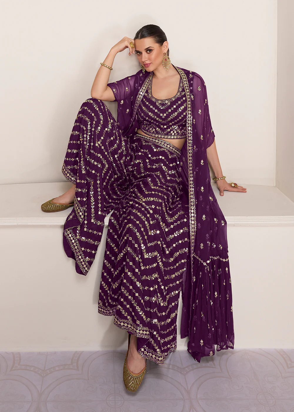 Party Plum Purple Embroidered Crop Top Style Sharara Suit - Image 5