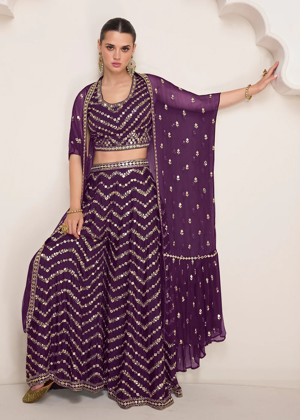 Party Plum Purple Embroidered Crop Top Style Sharara Suit - Image 6