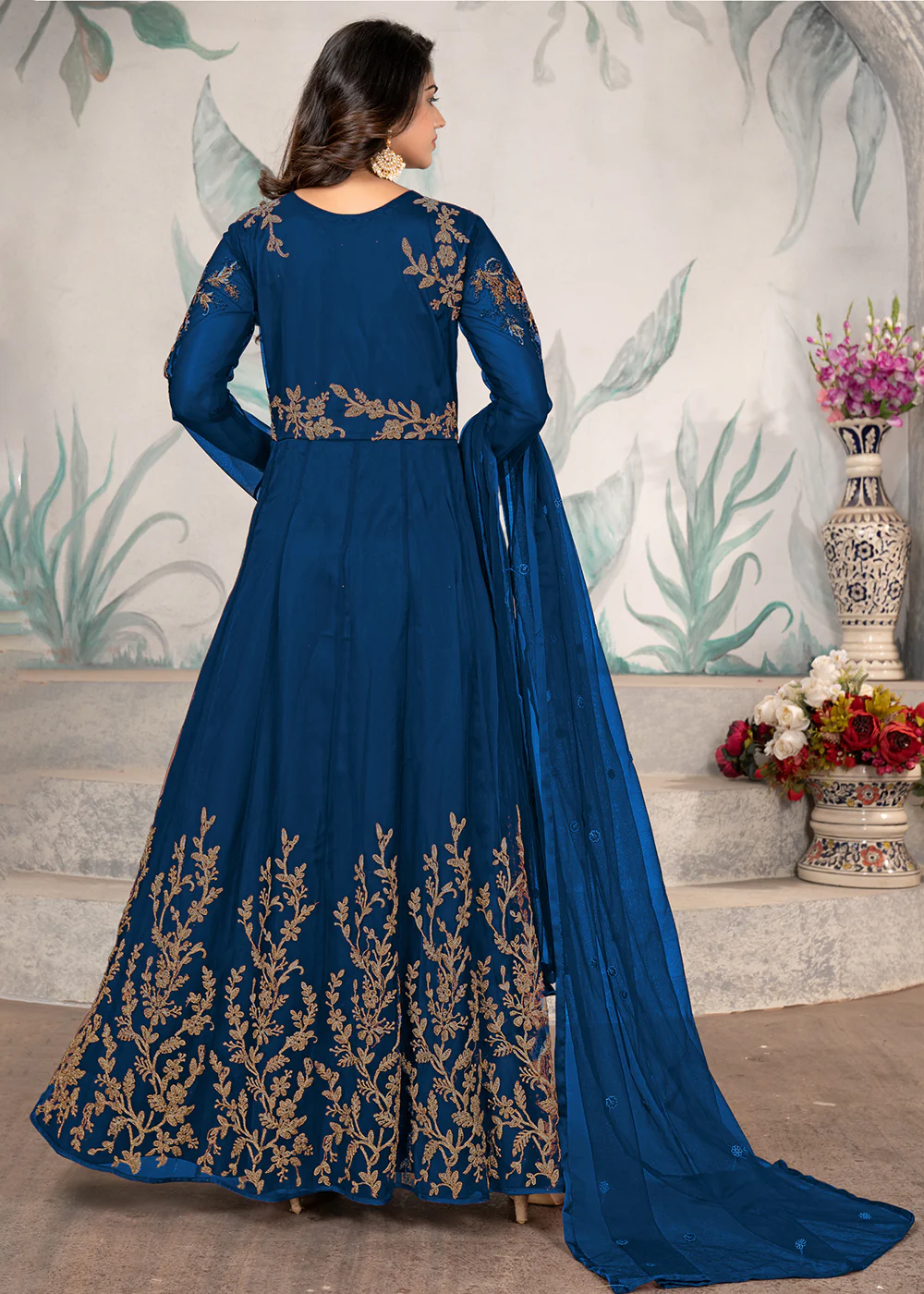 Party Style Blue Floral Zari Thread Embroidered Anarkali Suit - Image 3