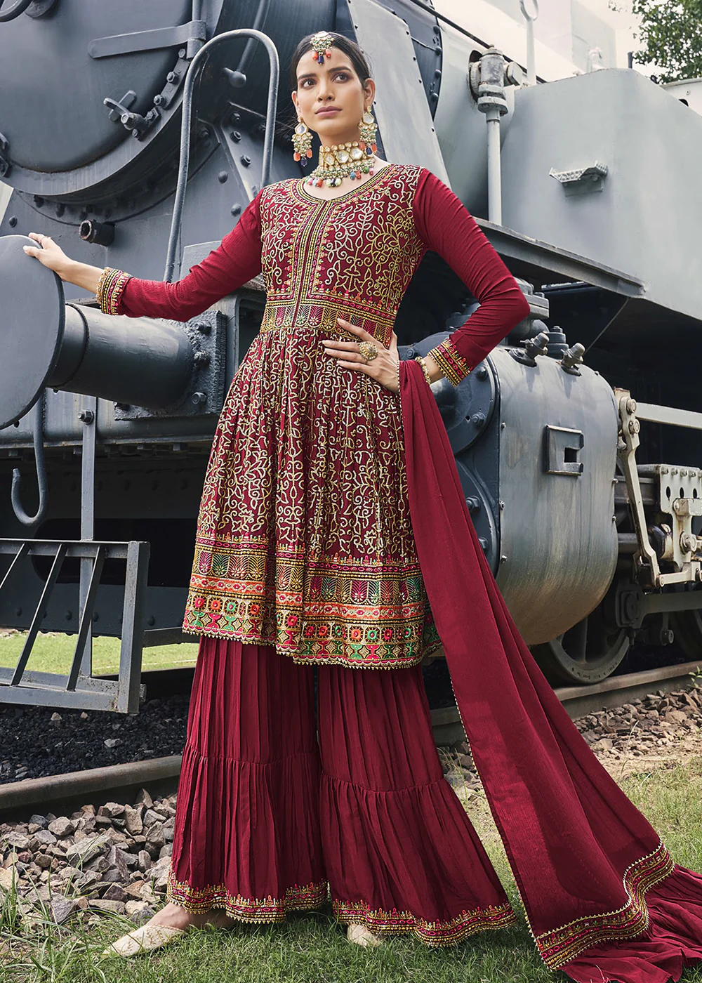 Party Style Divine Maroon Chinon Palazzo Style Suit