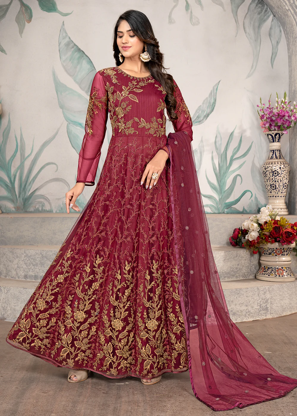 Party Style Magenta Floral Zari Thread Embroidered Anarkali Suit