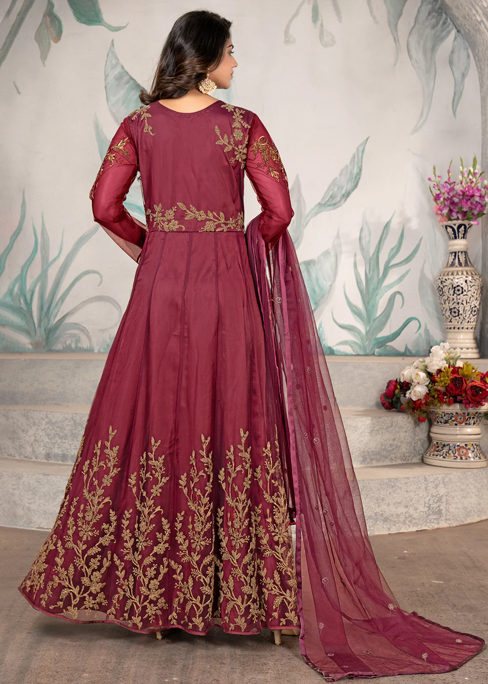 Party Style Magenta Floral Zari Thread Embroidered Anarkali Suit - Image 3