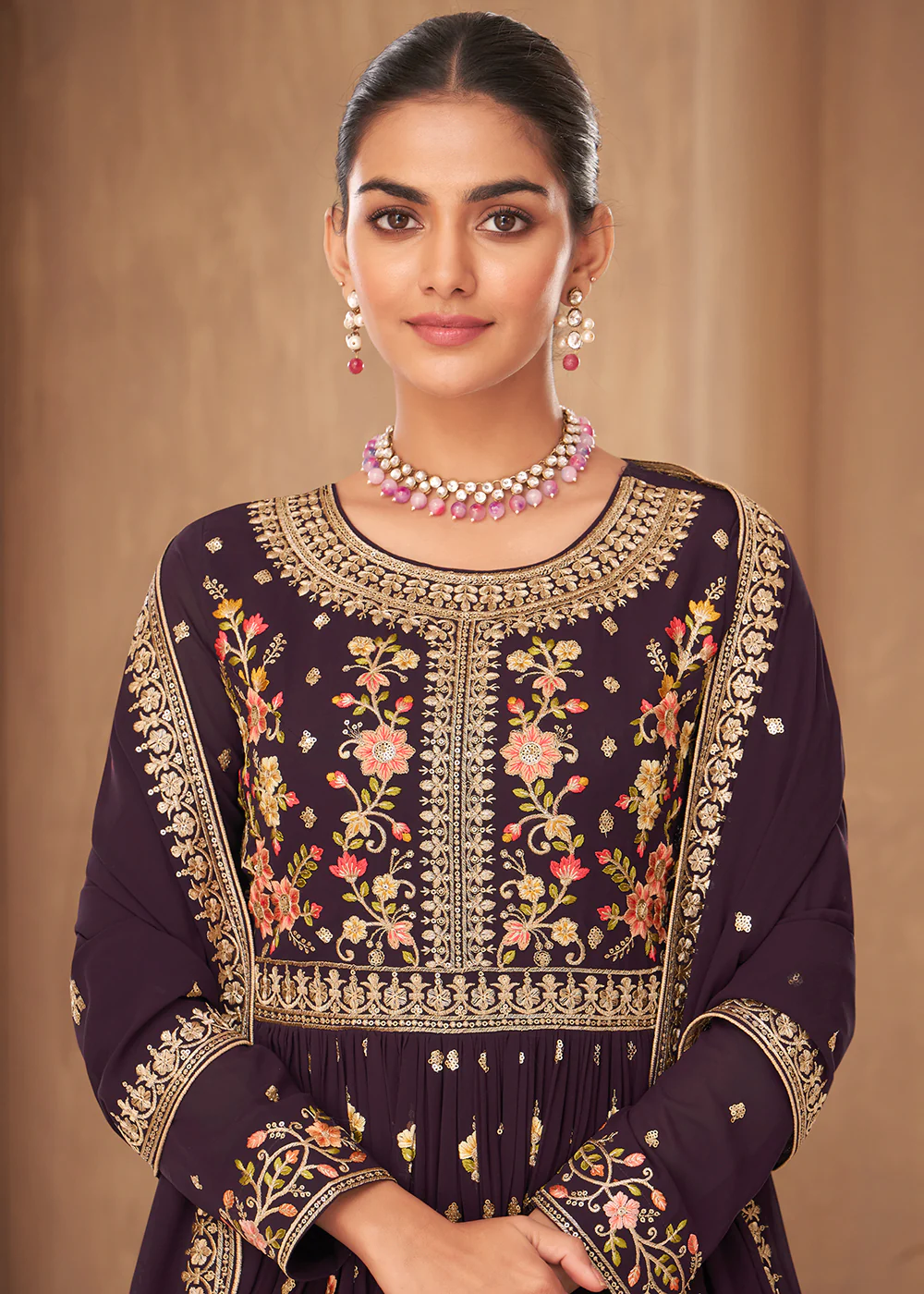 Party Style Plum Purple Georgette Palazzo Salwar Kurta - Image 2