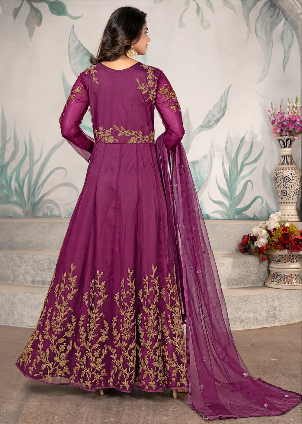 Party Style Purple Floral Zari Thread Embroidered Anarkali Suit - Image 3