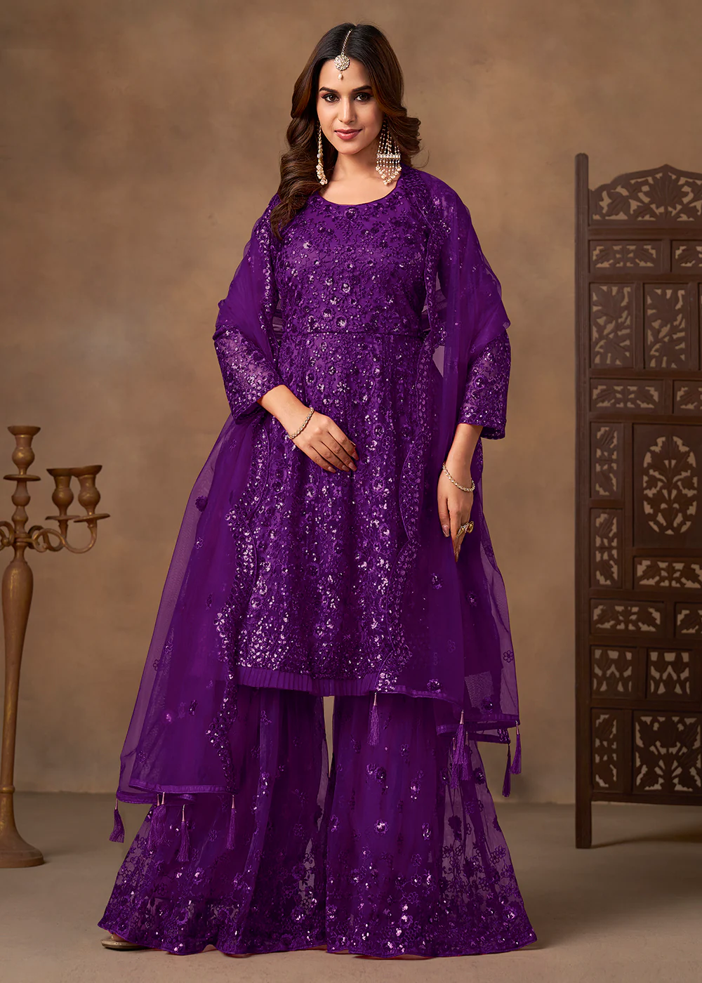 Party Style Purple Sequins Work Sharara Style Suit