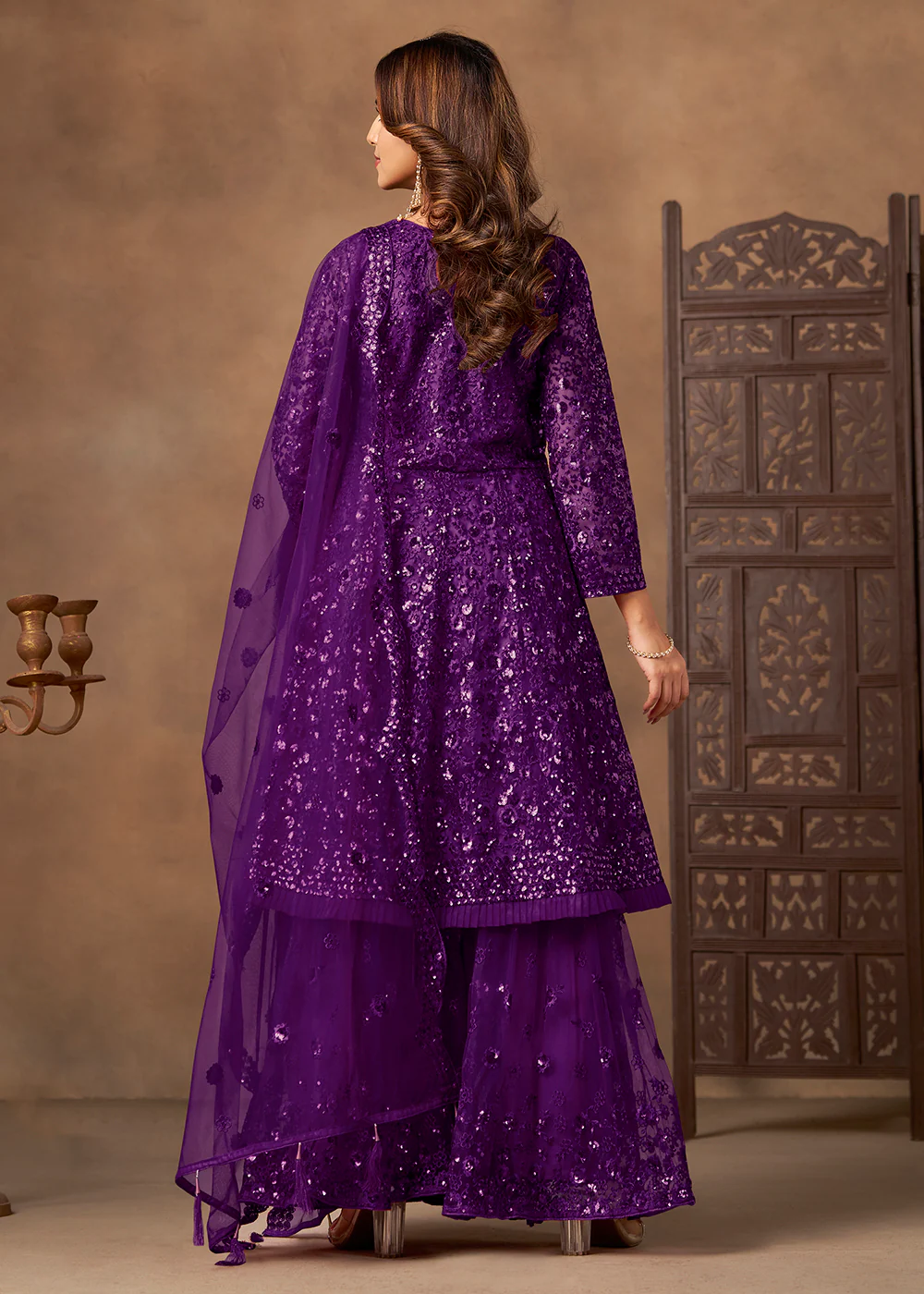 Party Style Purple Sequins Work Sharara Style Suit - Image 2