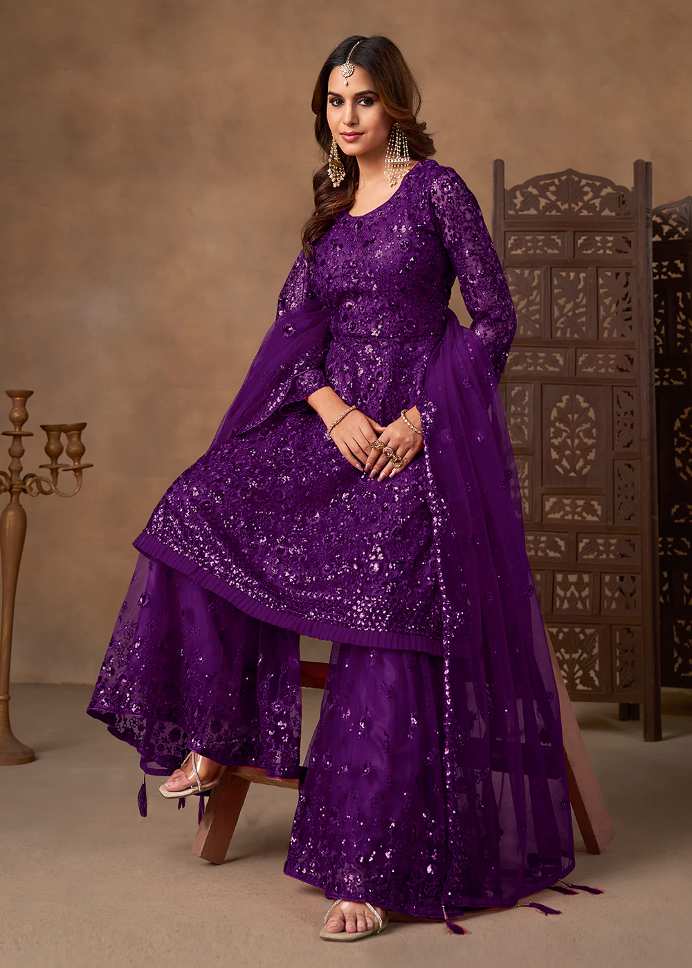 Party Style Purple Sequins Work Sharara Style Suit - Image 3