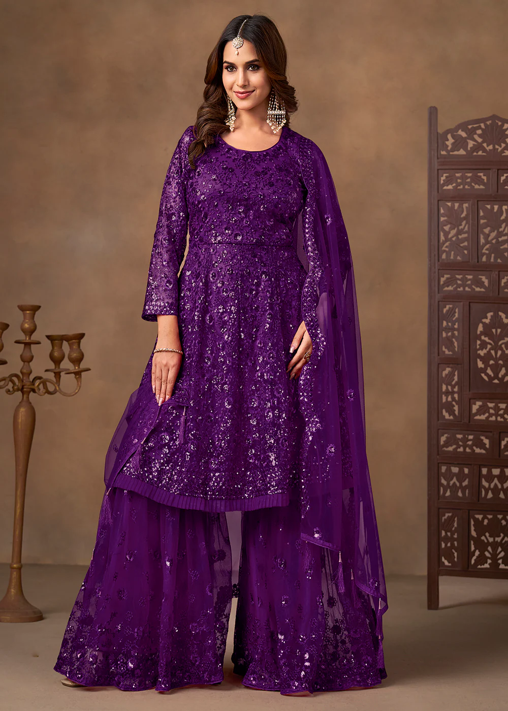 Party Style Purple Sequins Work Sharara Style Suit - Image 4