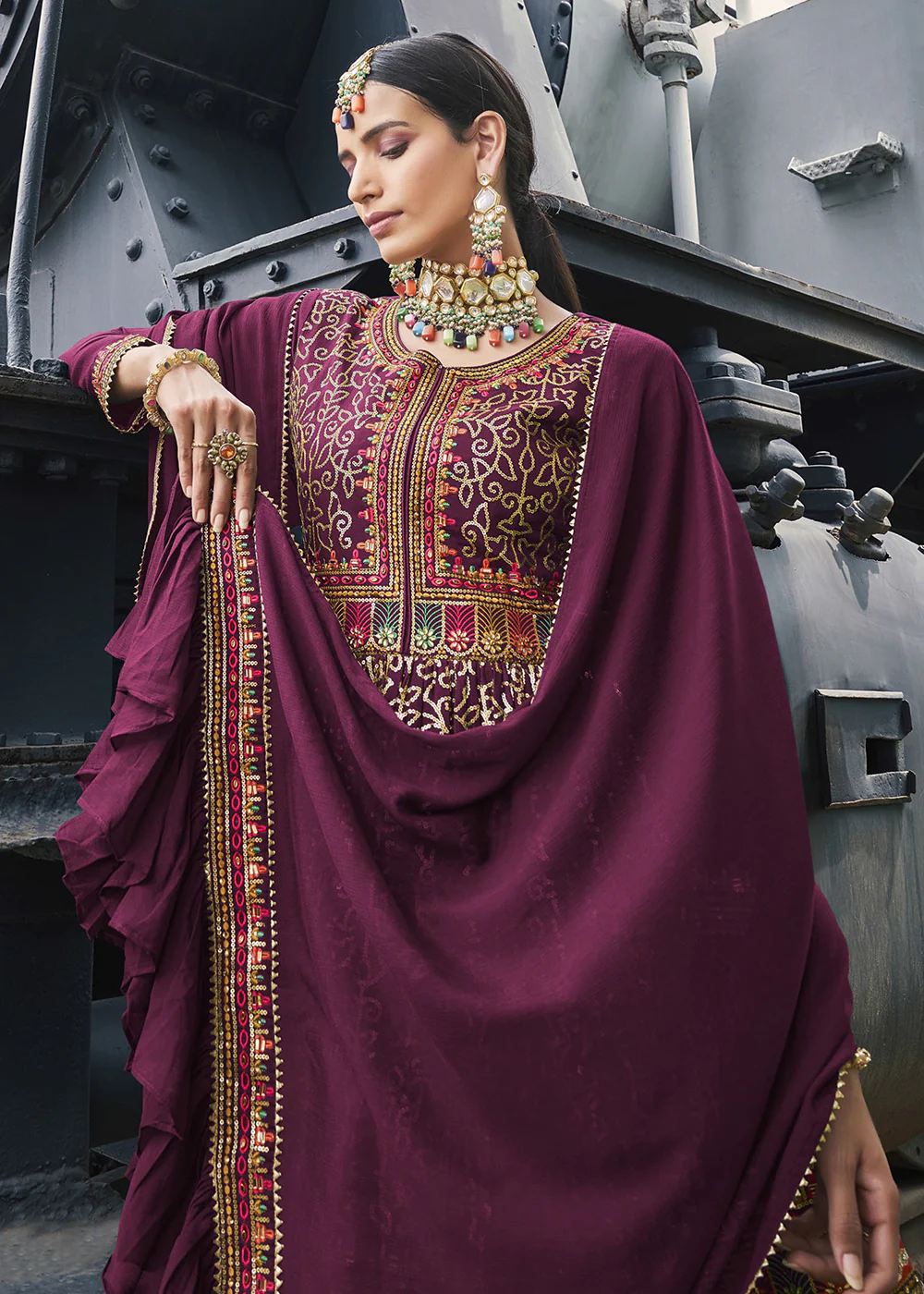 Party Style Solid Purple Chinon Palazzo Style Suit - Image 2
