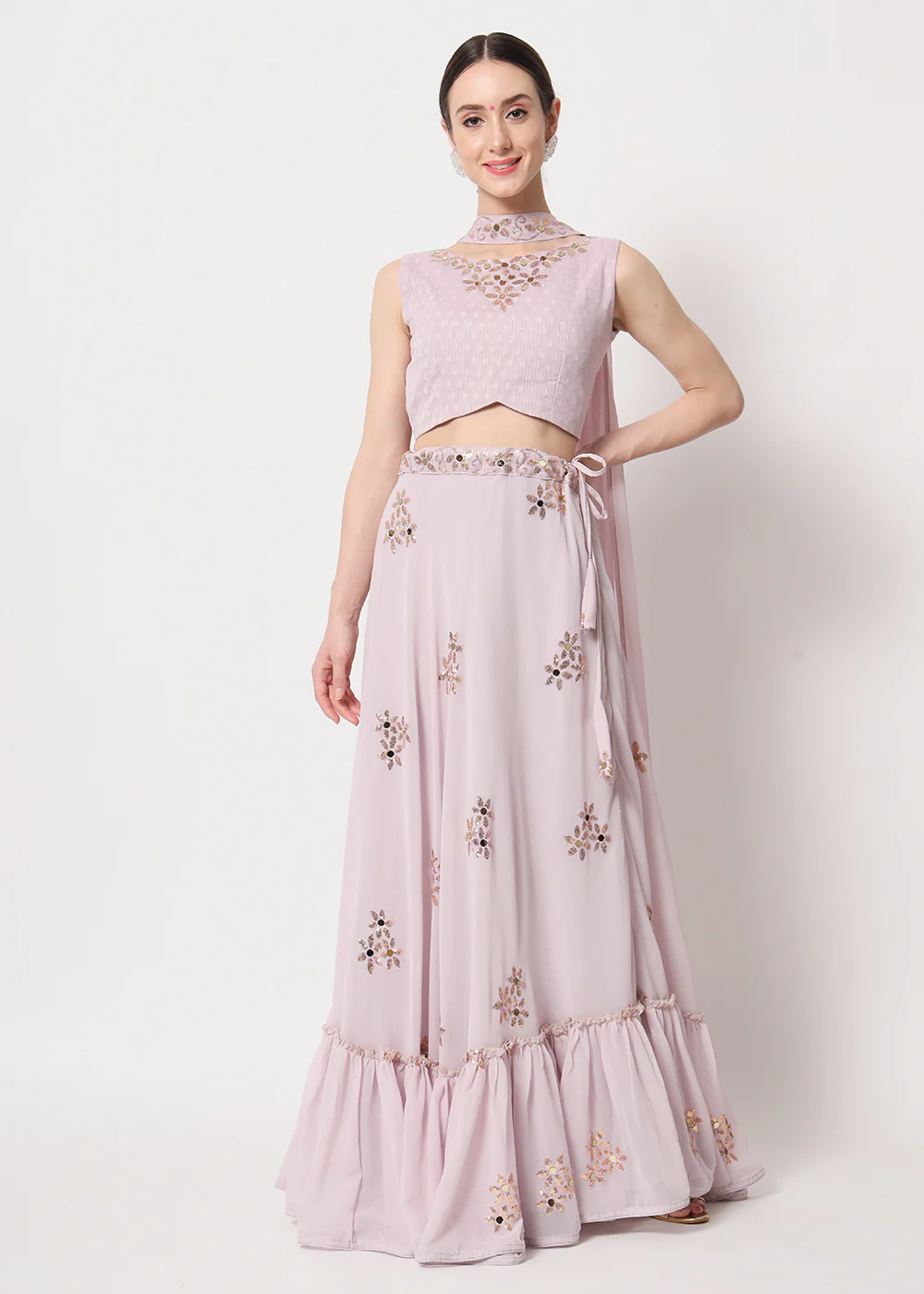Party Wear Attractive Dusky Pink Georgette Patterned Lehenga Choli - Image 3