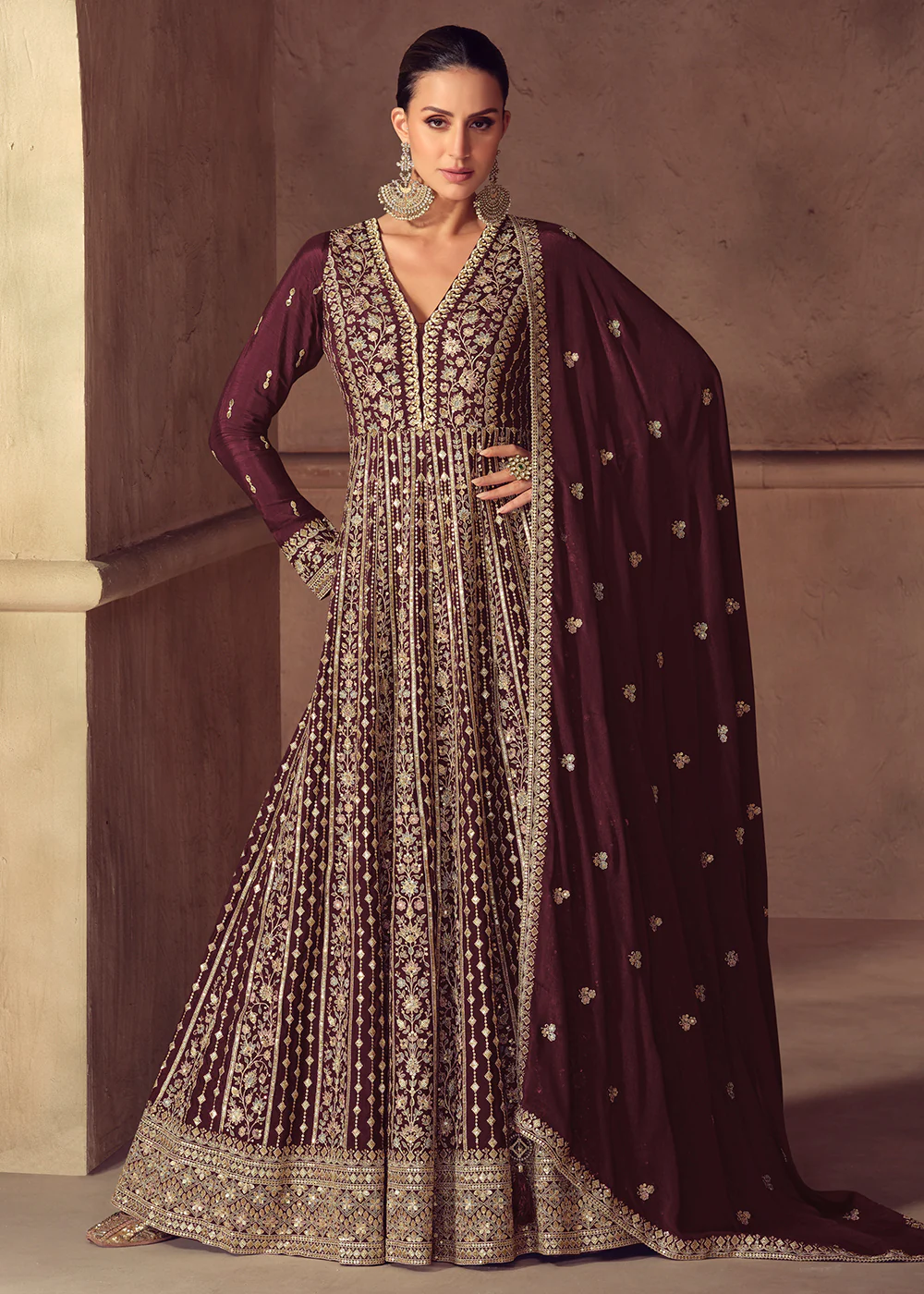 Party Wear Brown Embroidered Anarkali Suit