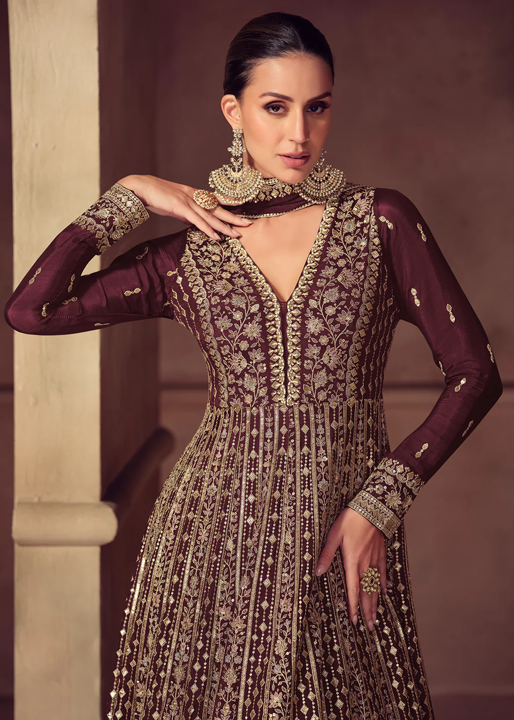 Party Wear Brown Embroidered Anarkali Suit - Image 2