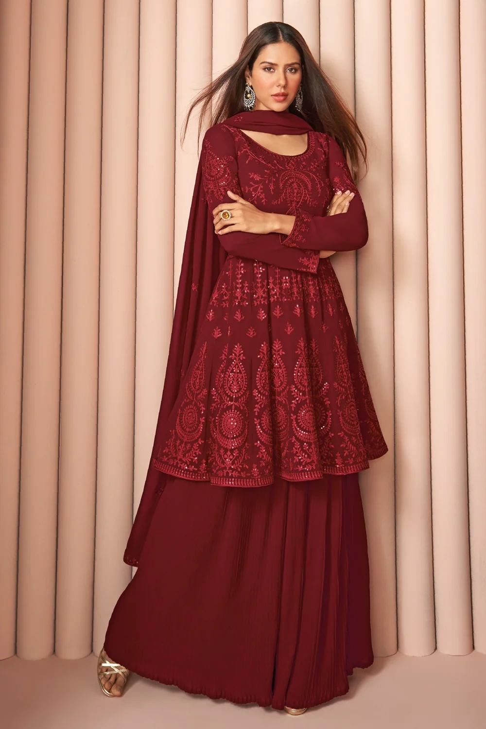 Party Wear Delightful Maroon Palazzo Style Salwar Suit - Image 3
