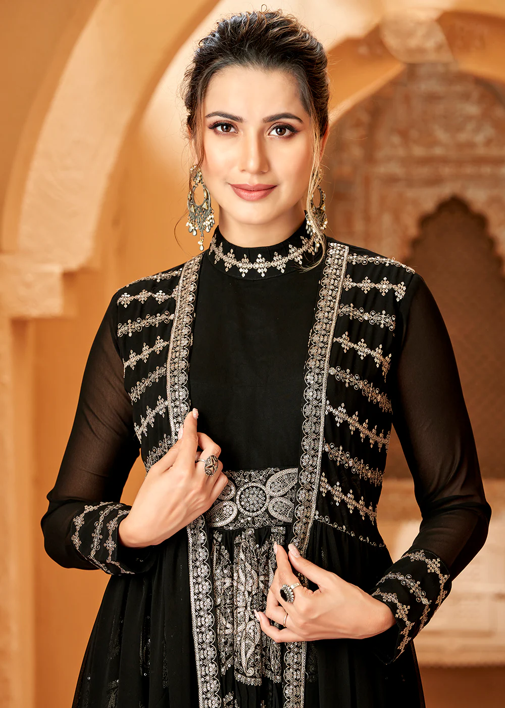 Party Wear Divine Charcoal Black Jacket Style Anarkali Dress - Image 2
