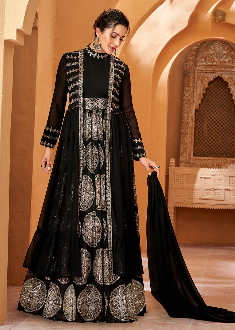 Party Wear Divine Charcoal Black Jacket Style Anarkali Dress - Image 4