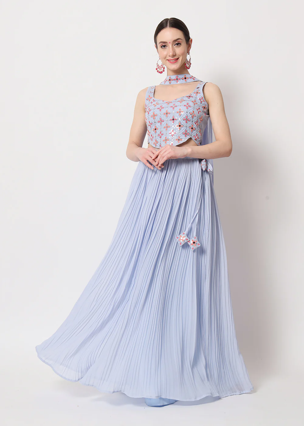Party Wear Exquisite Sky-Blue Georgette Crushed Lehenga Choli - Image 5