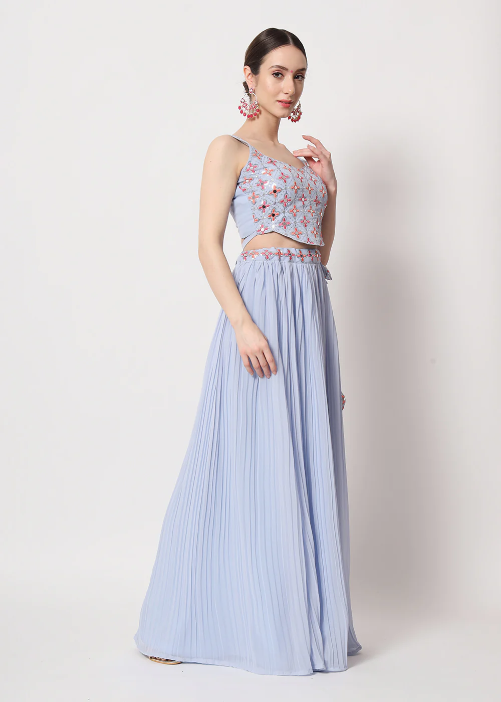 Party Wear Exquisite Sky-Blue Georgette Crushed Lehenga Choli - Image 6